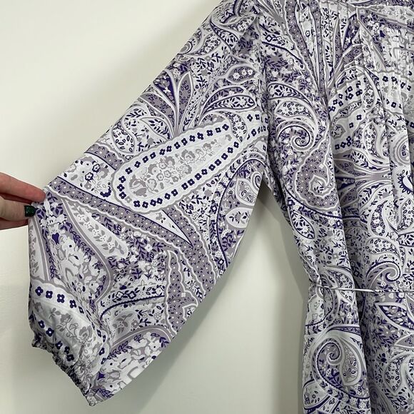 Ann Taylor Women’s Large Dress Long Sleeve Floral Silky Belted High Neck Purple - Picture 3 of 9